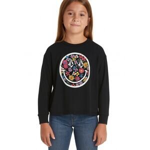 Volcom T Shirt Werkin Doubles LS Tee Kids XS 5/6 Black Logo Long Sleeve NWT
